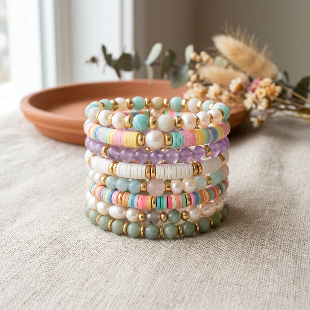Pastel Heishi & Gemstone Stack Bracelets