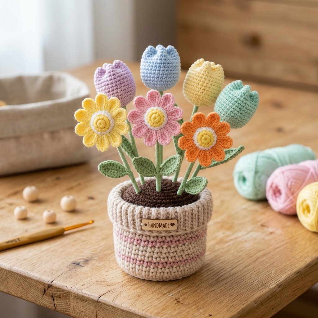 Hand-Knitted Crochet Tulip Flower Pot