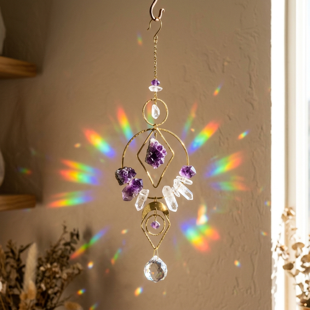 Raw Amethyst & Prism Crystal Suncatcher