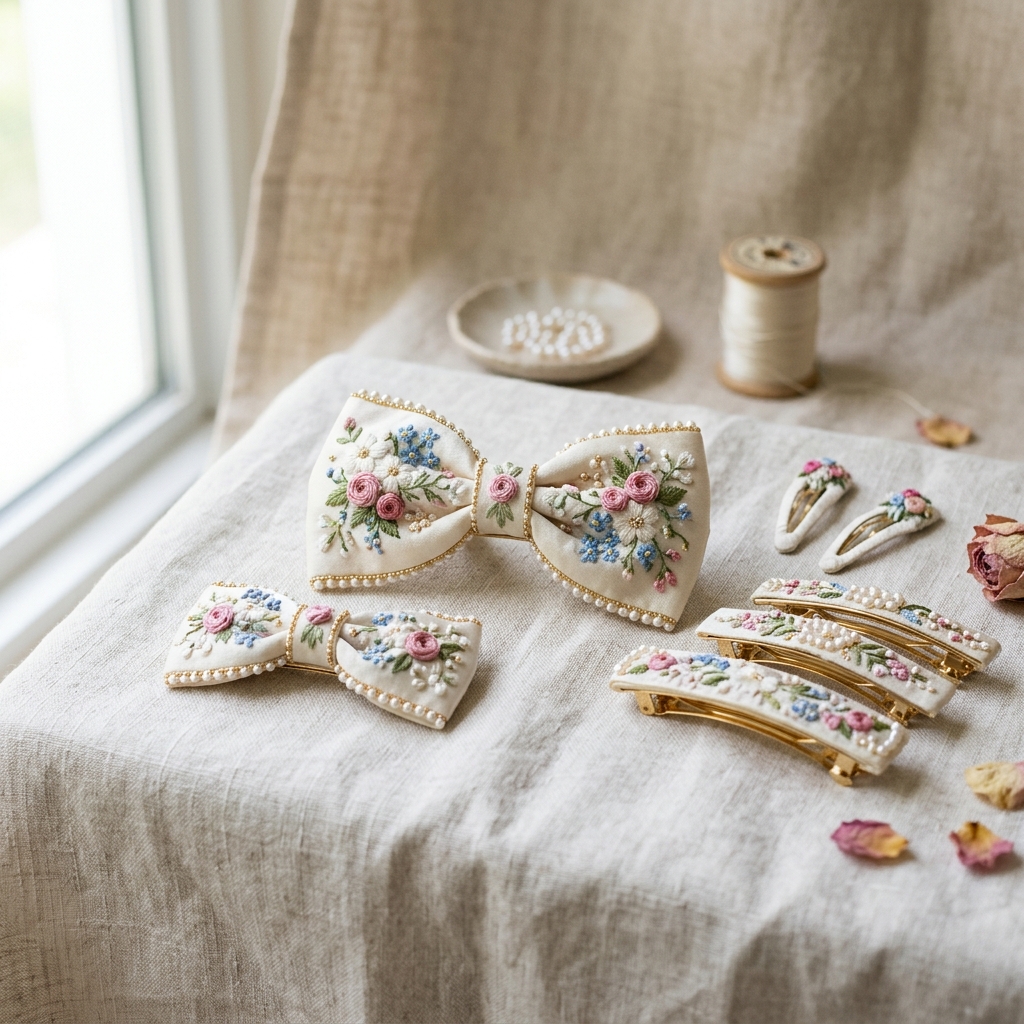 Embroidered Silk Hair Bow & Barrette Set