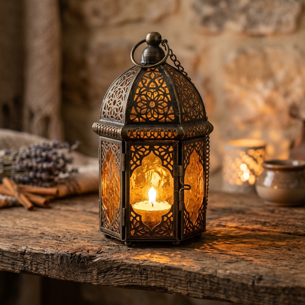 Moroccan Brass & Amber Glass Lantern