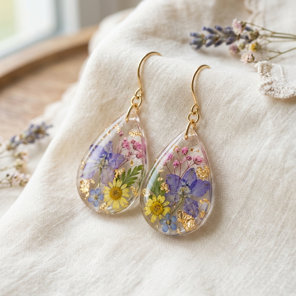 Pressed Flower Resin Teardrop Earrings